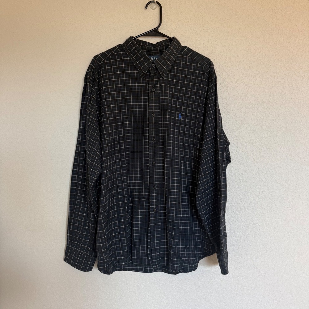 Ralph Lauren Classic Fit XXL Black Blue Grid Plaid Cotton Button Down Shirt Mens